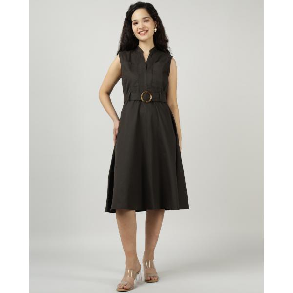 Olive Dark Green Utility Sleeveless Belted Dress